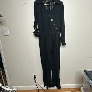 Soft Surroundings Size S Black Crinkle Gauze Long Sleeve Button Up Jumpsuit